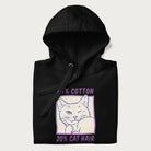 Folded black hoodie with graphic of a winking cat with the text "80% cotton 20% cat hair".