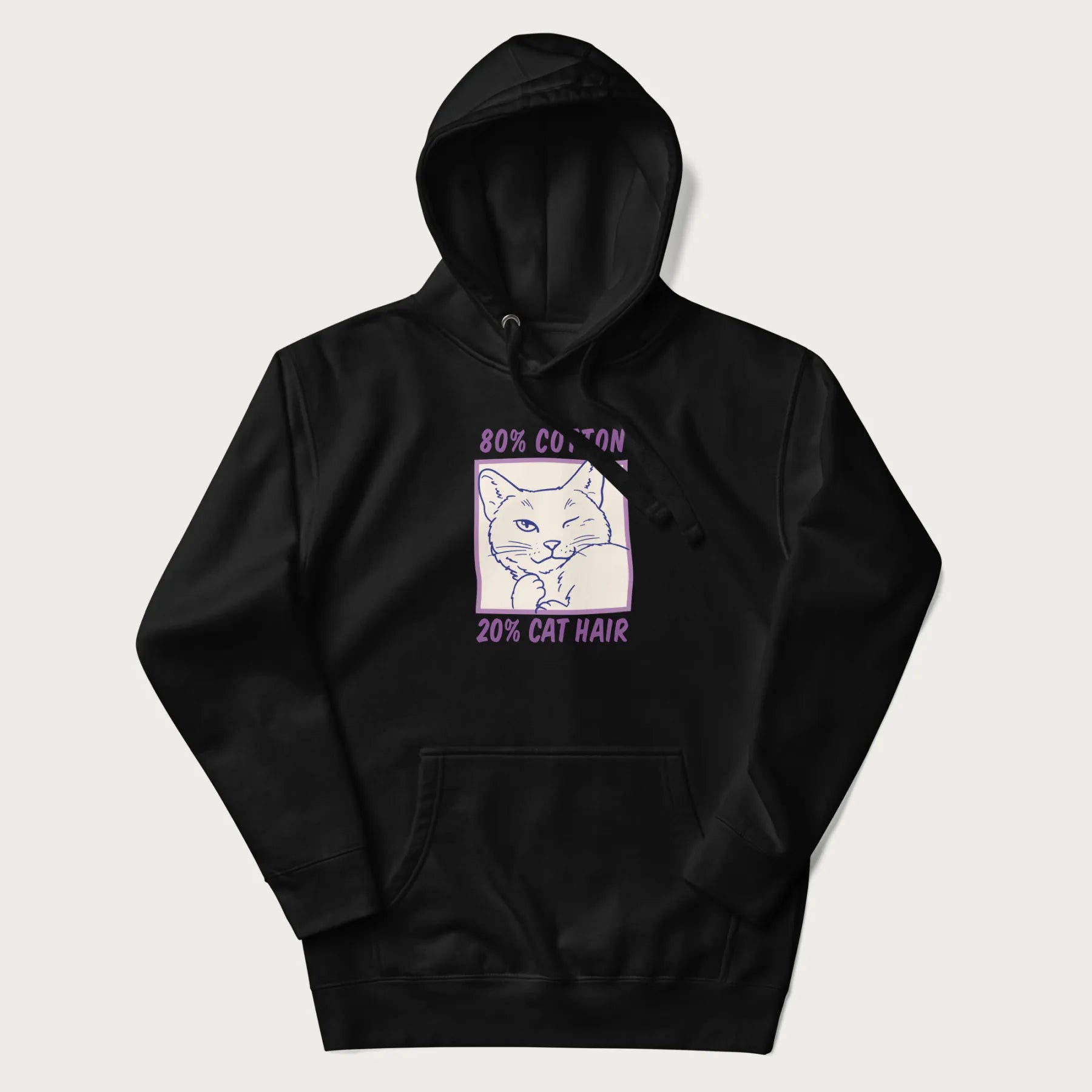 Black hoodie with graphic of a winking cat with the text "80% cotton 20% cat hair".