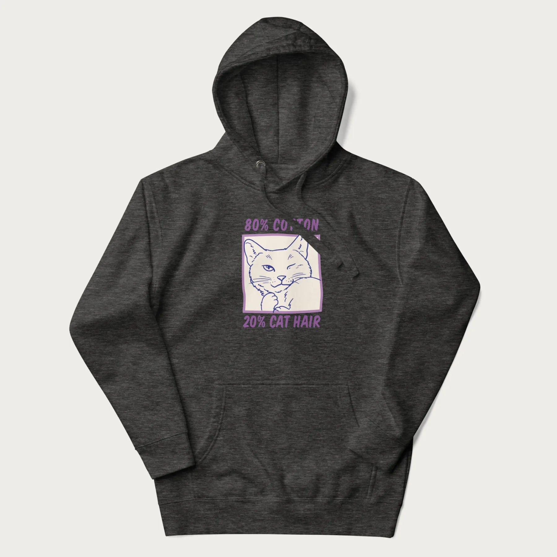 Dark grey hoodie with graphic of a winking cat with the text "80% cotton 20% cat hair".