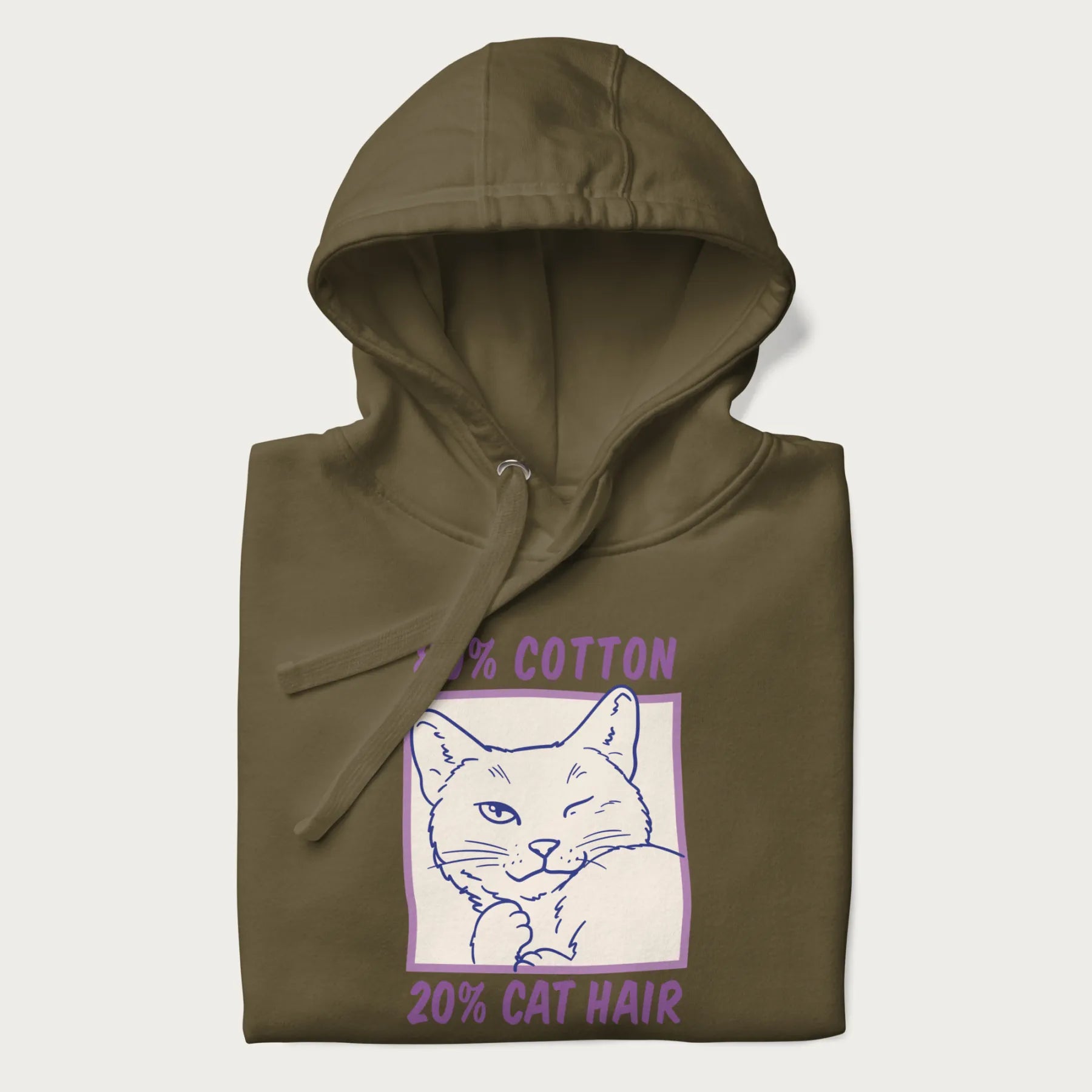 Folded military green hoodie with graphic of a winking cat with the text "80% cotton 20% cat hair".