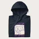 Folded navy blue hoodie with graphic of a winking cat with the text "80% cotton 20% cat hair".