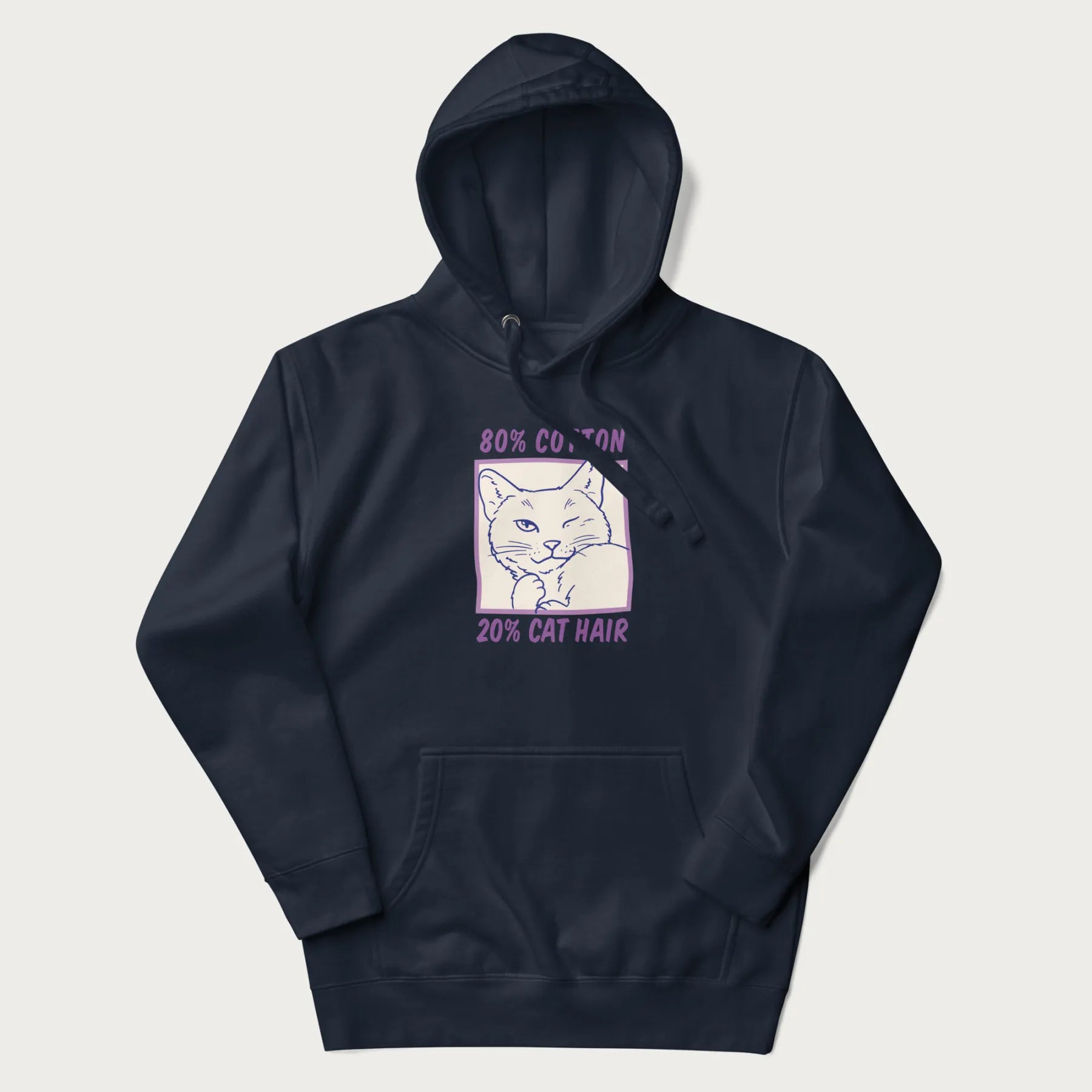 Navy blue hoodie with graphic of a winking cat with the text "80% cotton 20% cat hair".