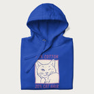 Folded royal blue hoodie with graphic of a winking cat with the text "80% cotton 20% cat hair".