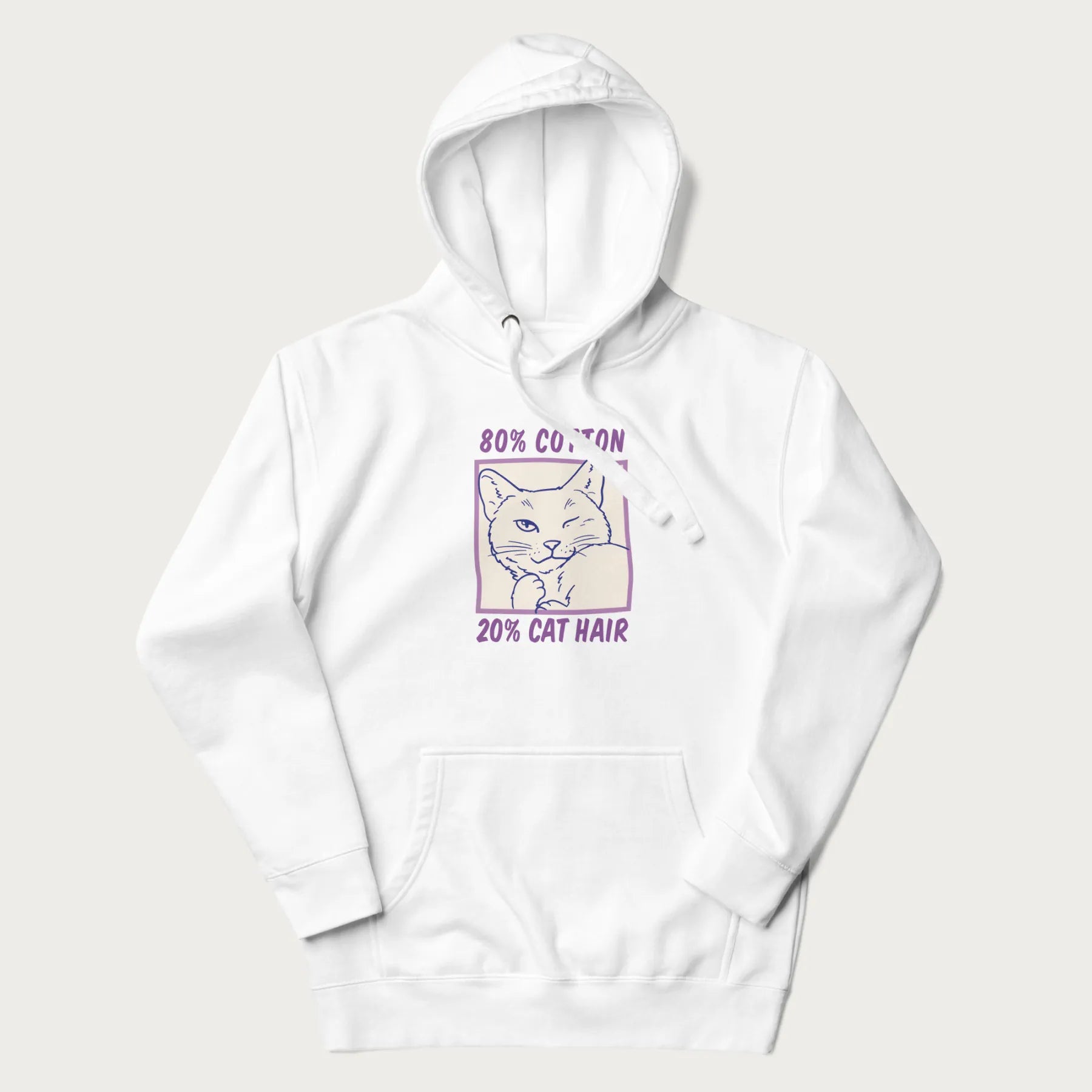 White hoodie with graphic of a winking cat with the text "80% cotton 20% cat hair".