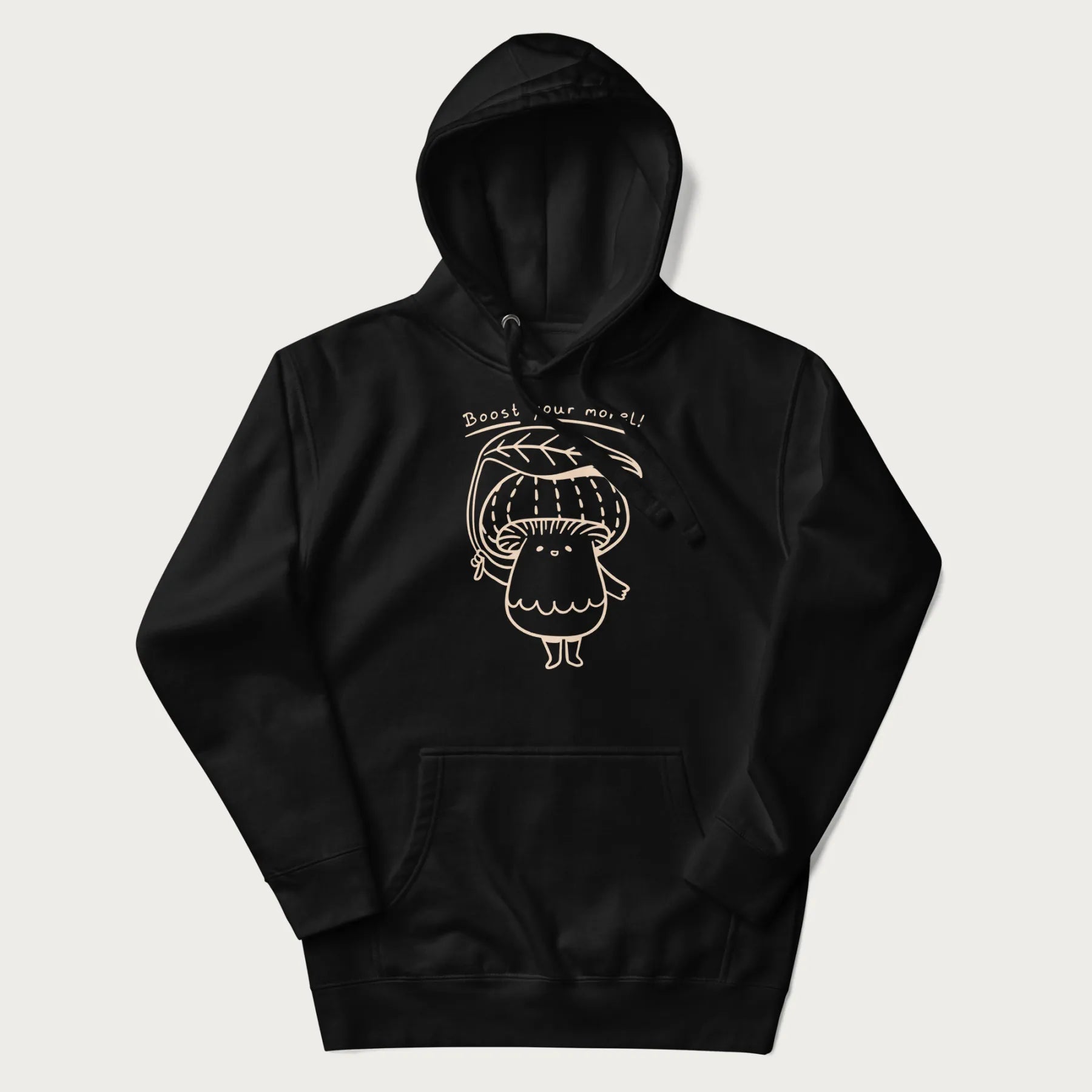 Black hoodie with graphic of a cute mushroom holding a leaf with the text "Boost Your Morel."