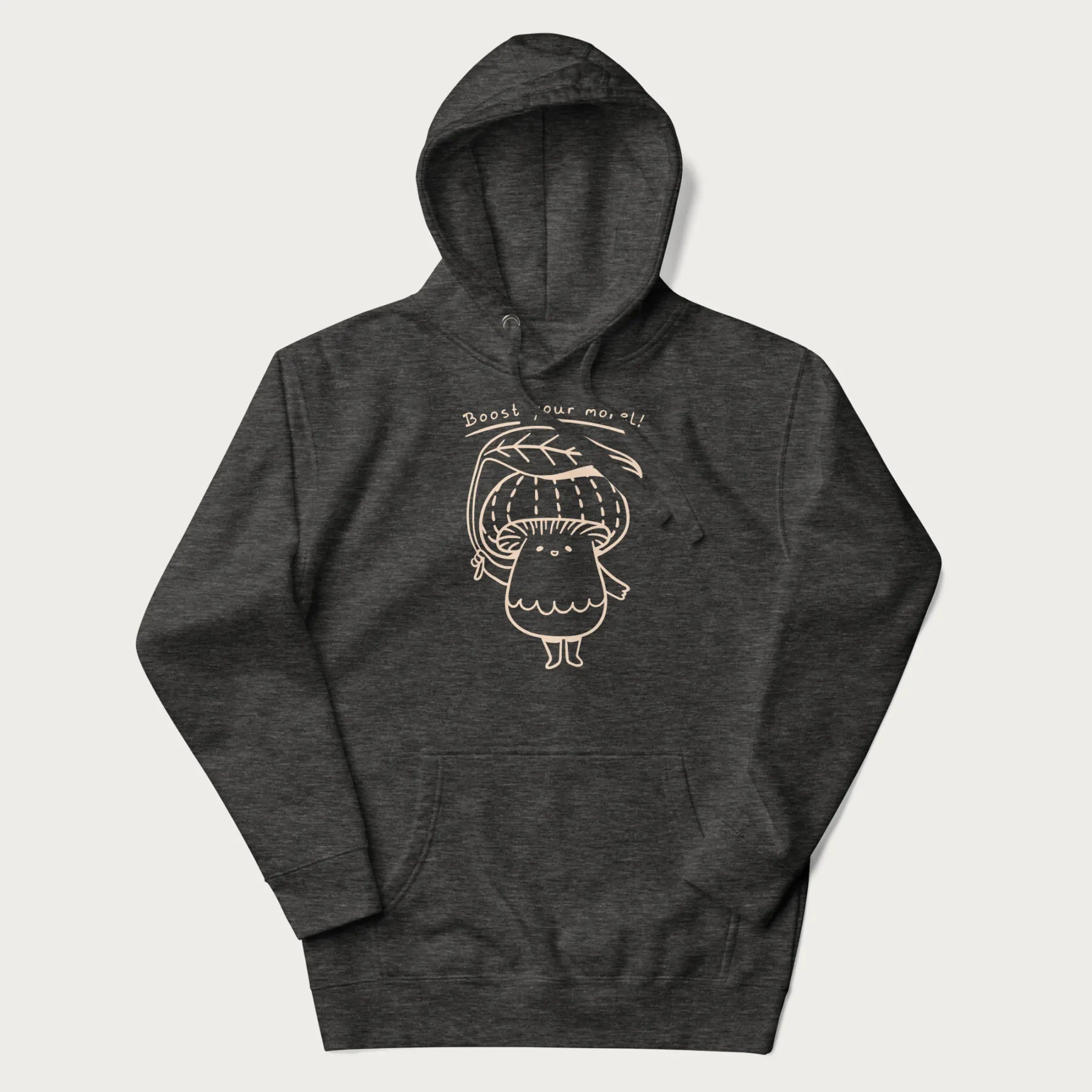 Dark grey hoodie with graphic of a cute mushroom holding a leaf with the text "Boost Your Morel."