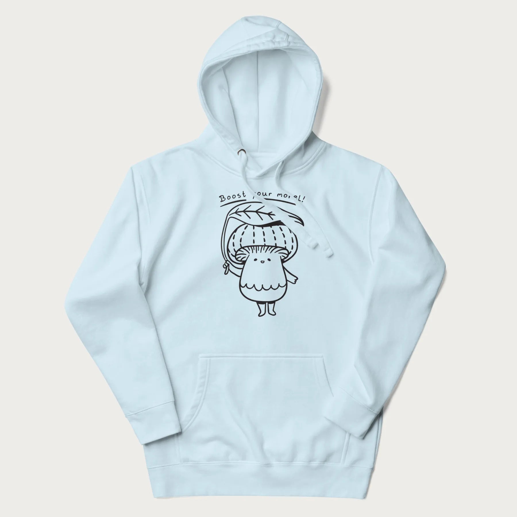 Light blue hoodie with graphic of a cute mushroom holding a leaf with the text "Boost Your Morel."