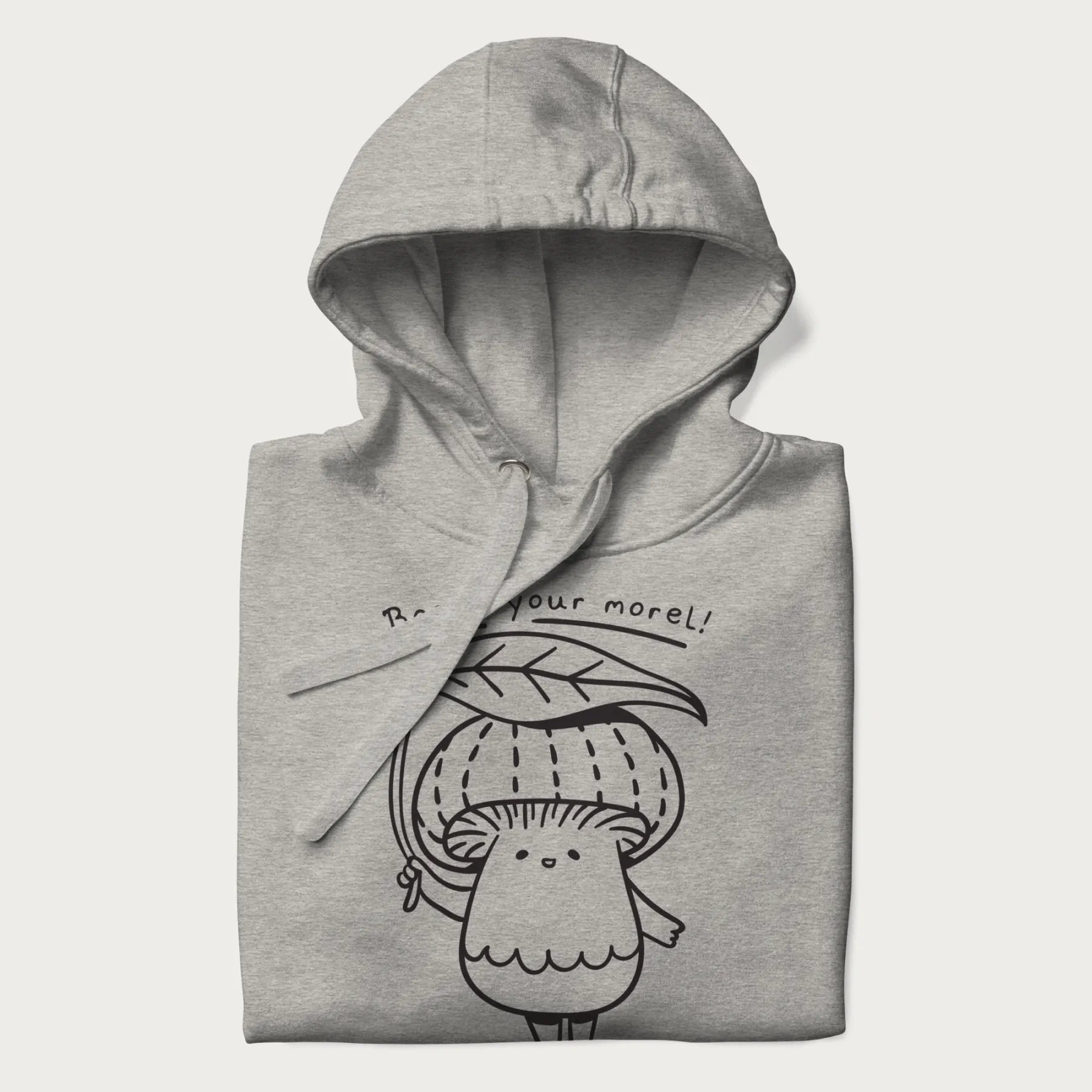 Folded light grey hoodie with graphic of a cute mushroom holding a leaf with the text "Boost Your Morel."