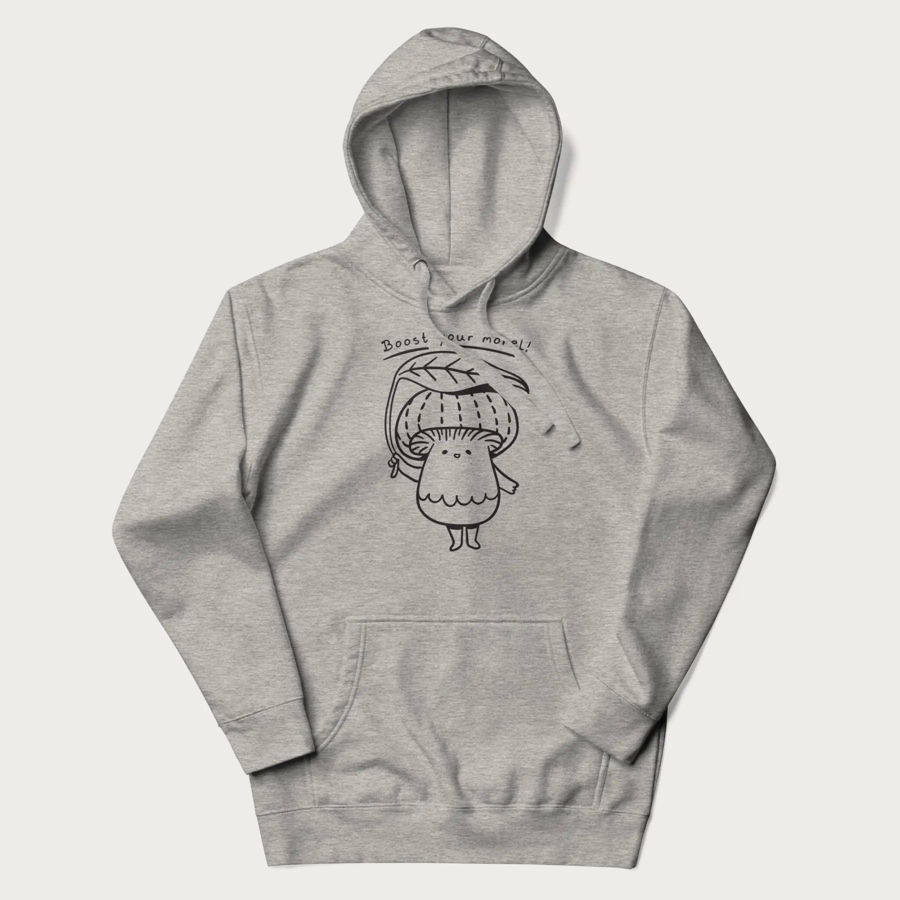 Light grey hoodie with graphic of a cute mushroom holding a leaf with the text "Boost Your Morel."