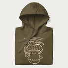 Folded military green hoodie with graphic of a cute mushroom holding a leaf with the text "Boost Your Morel."