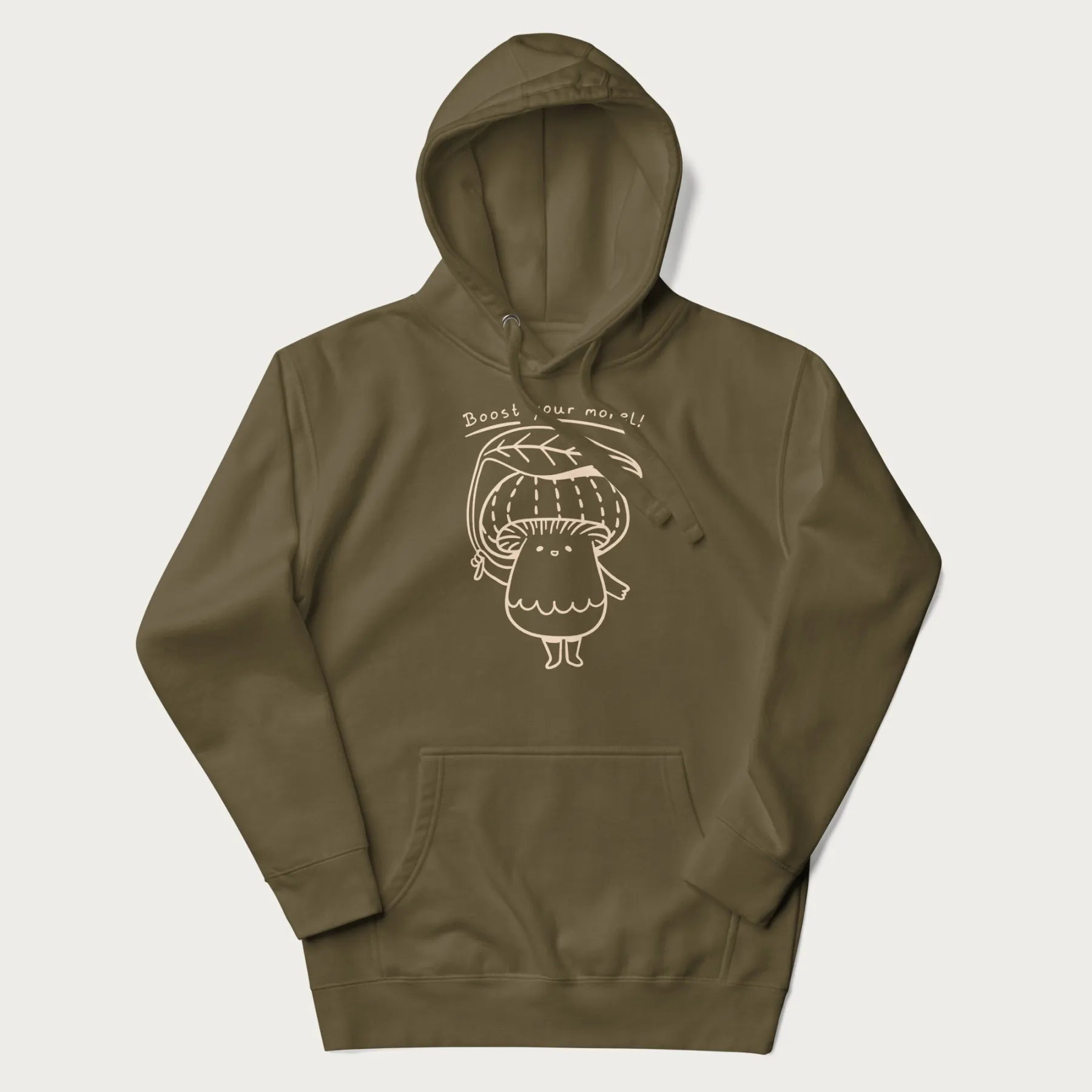 Military green hoodie with graphic of a cute mushroom holding a leaf with the text "Boost Your Morel."