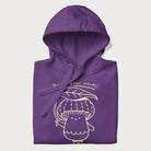 Folded purple hoodie with graphic of a cute mushroom holding a leaf with the text "Boost Your Morel."