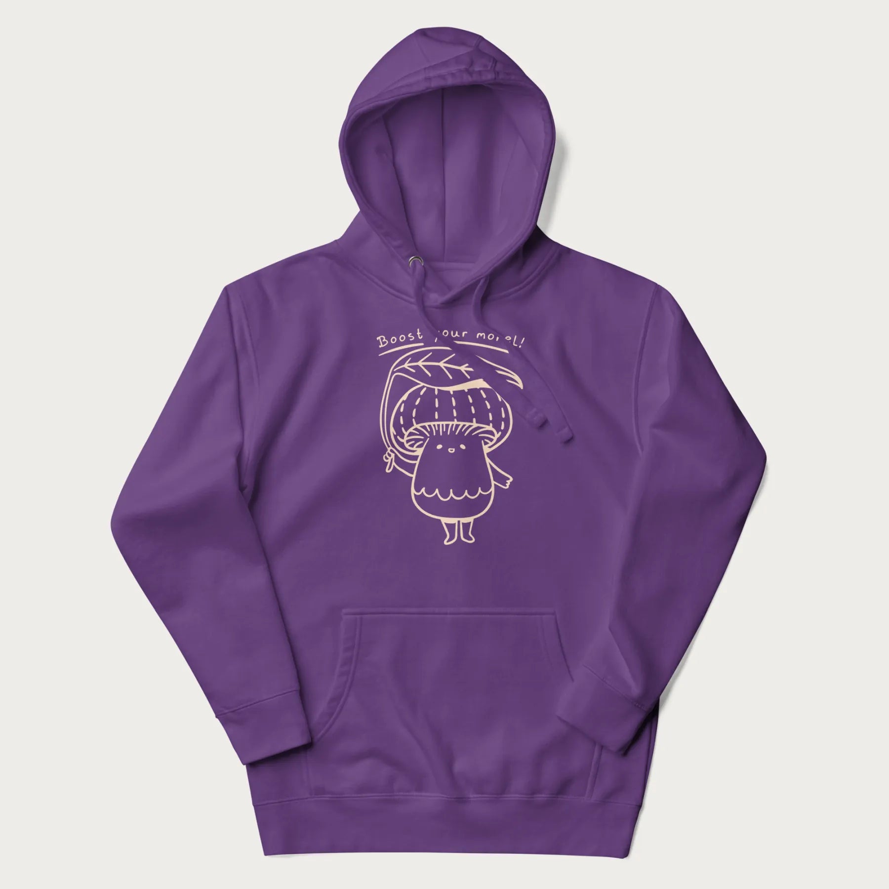 Purple hoodie with graphic of a cute mushroom holding a leaf with the text "Boost Your Morel."