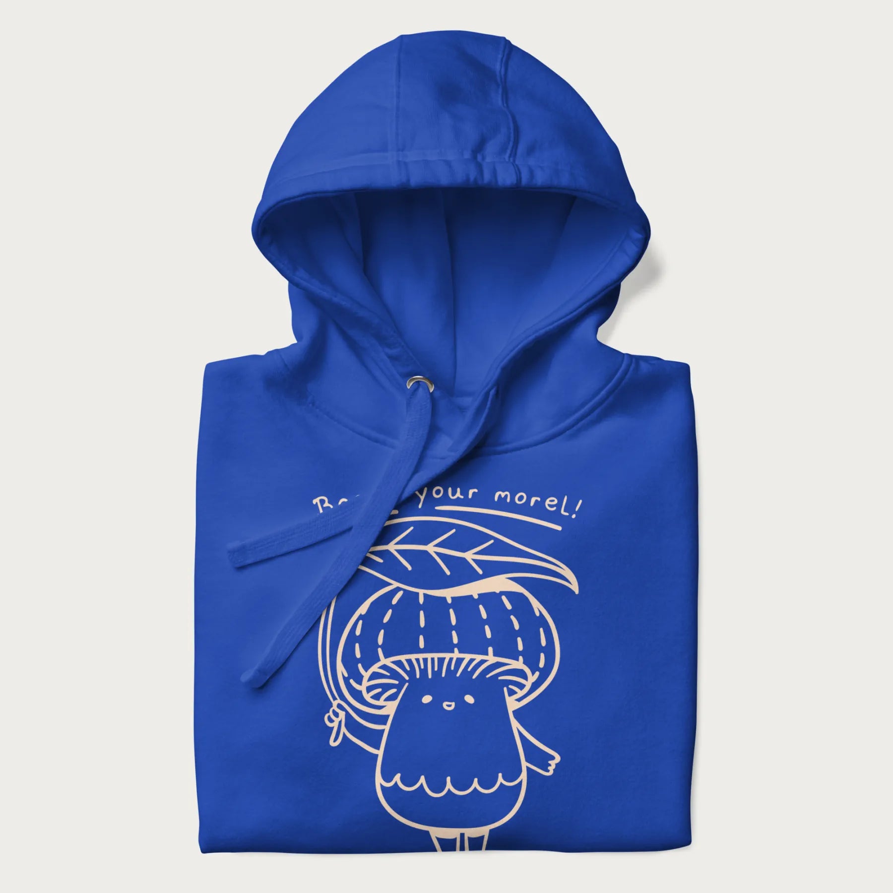 Folded royal blue hoodie with graphic of a cute mushroom holding a leaf with the text "Boost Your Morel."