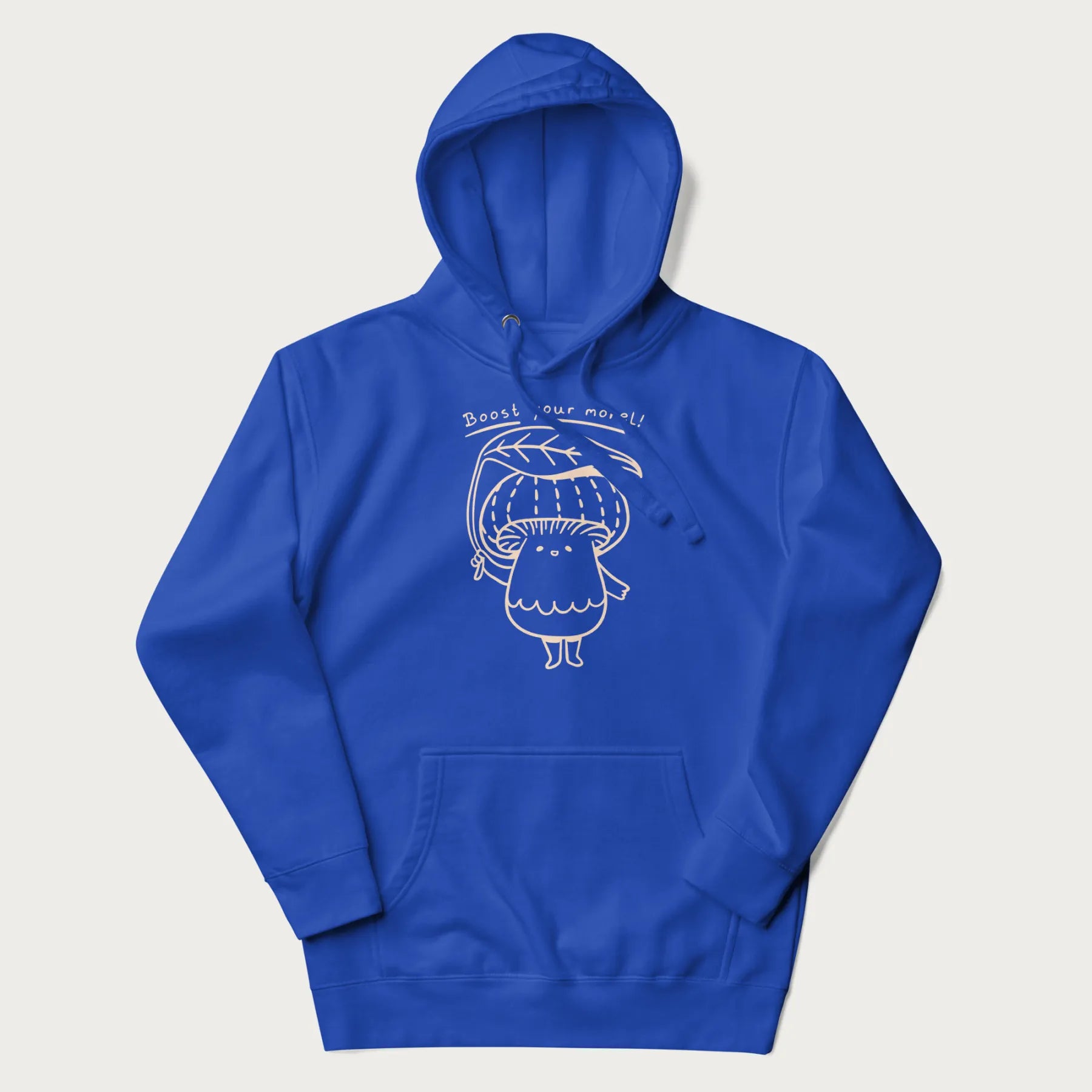 Royal blue hoodie with graphic of a cute mushroom holding a leaf with the text "Boost Your Morel."