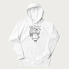 White hoodie with graphic of a cute mushroom holding a leaf with the text "Boost Your Morel."