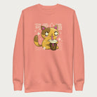 Light pink sweatshirt with Japanese text and a kawaii graphic of a cat drinking bubble tea.