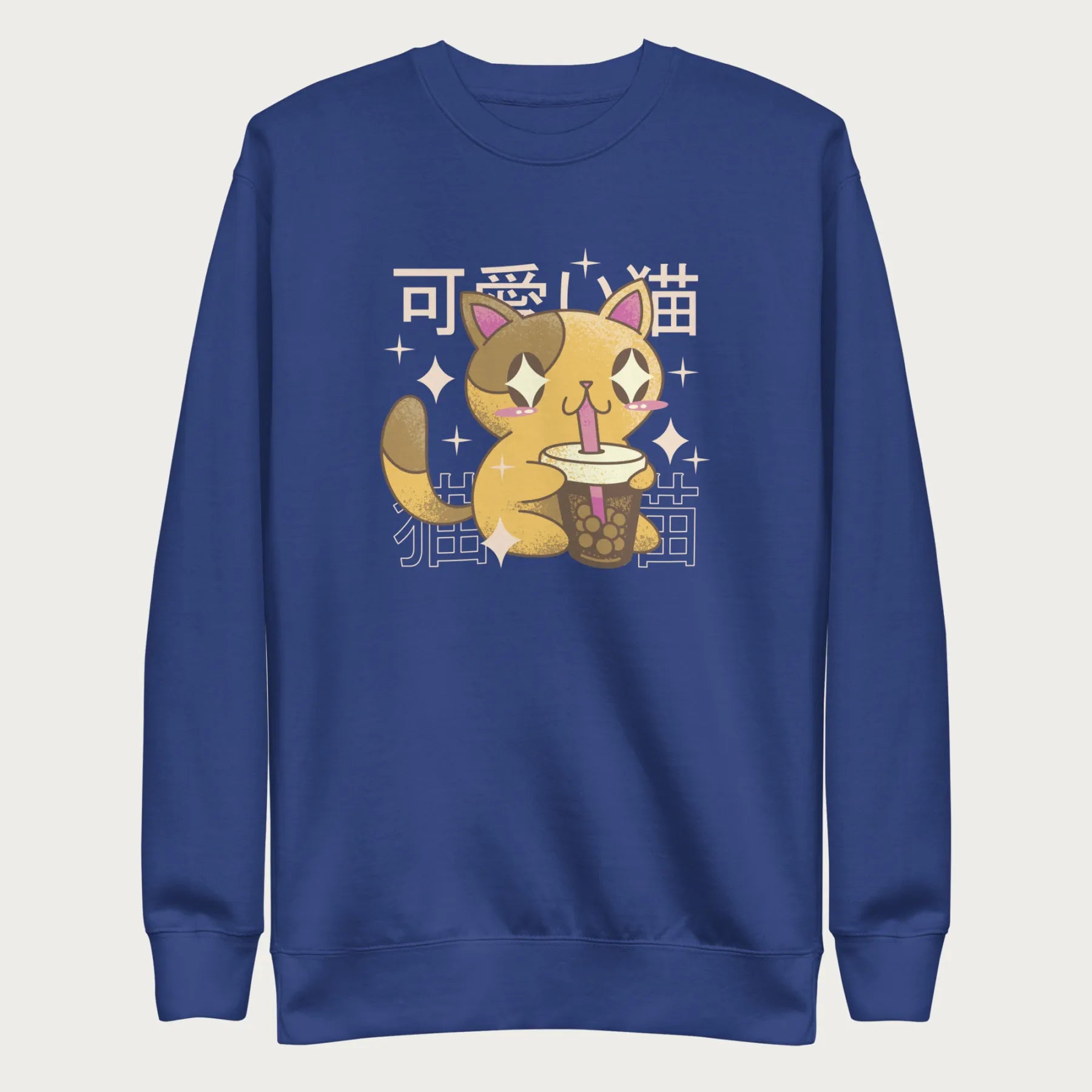 Royal blue sweatshirt with Japanese text and a kawaii graphic of a cat drinking bubble tea.