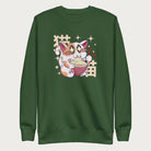 Forest green sweatshirt with Japanese text and a graphic of a kawaii cat eating ramen.