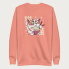 Light pink sweatshirt with Japanese text and a graphic of a kawaii cat eating ramen.