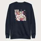 Navy blue sweatshirt with Japanese text and a graphic of a kawaii cat eating ramen.