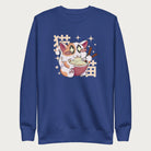 Royal blue sweatshirt with Japanese text and a graphic of a kawaii cat eating ramen.