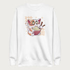 White sweatshirt with Japanese text and a graphic of a kawaii cat eating ramen.