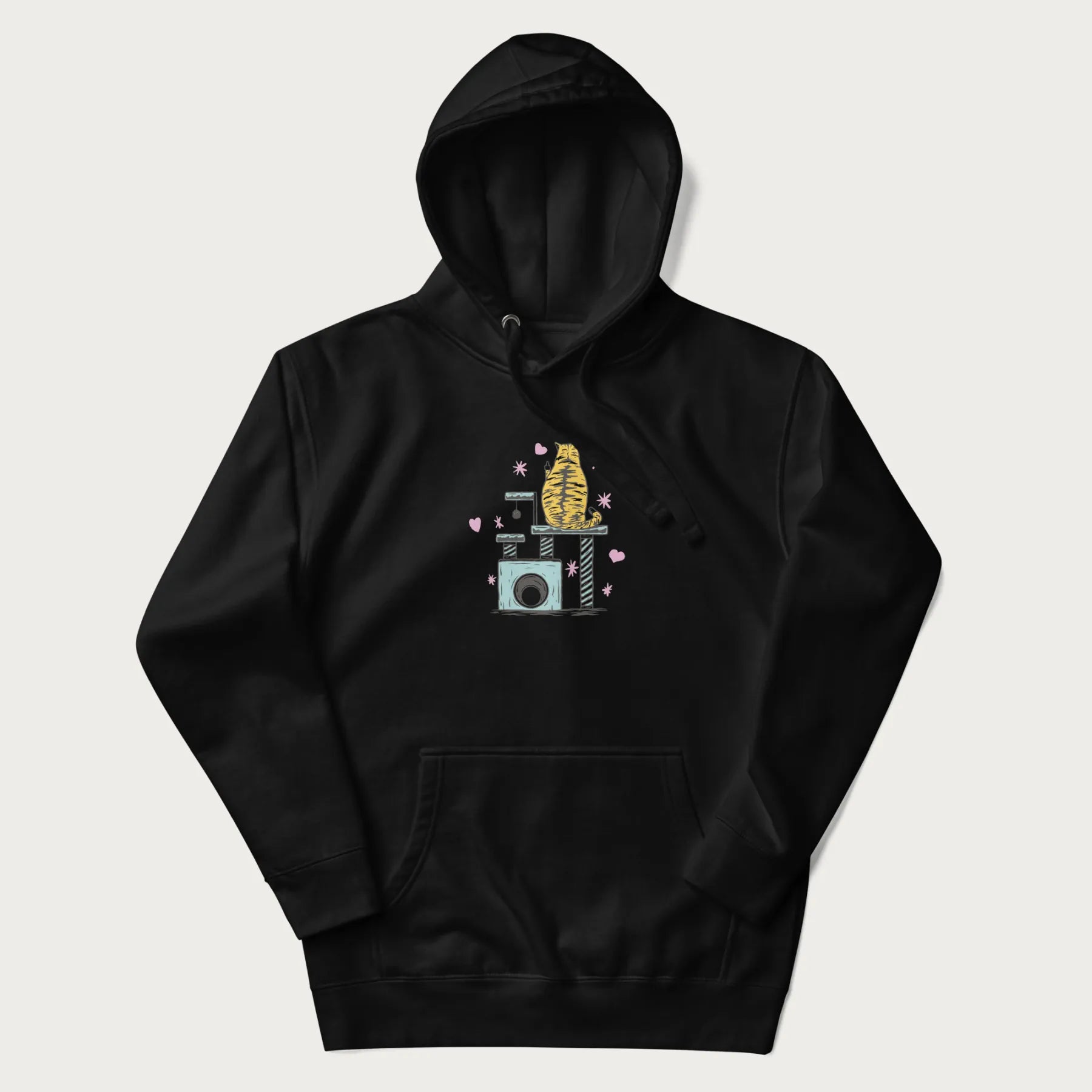 Black hoodie with graphic of a tabby cat on a scratching post, raising its middle finger.