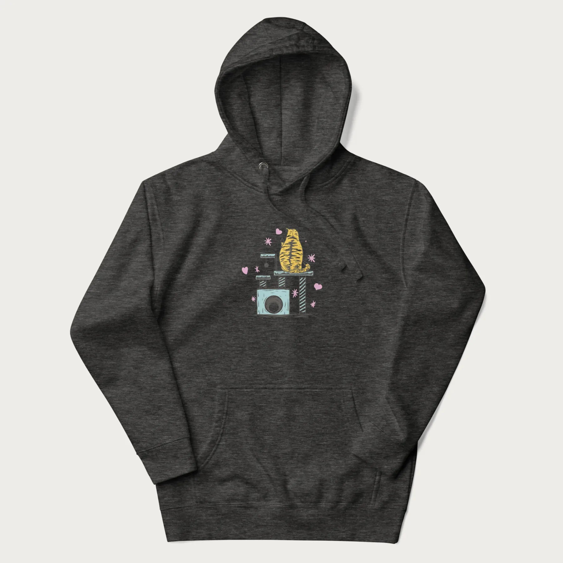 Dark grey hoodie with graphic of a tabby cat on a scratching post, raising its middle finger.