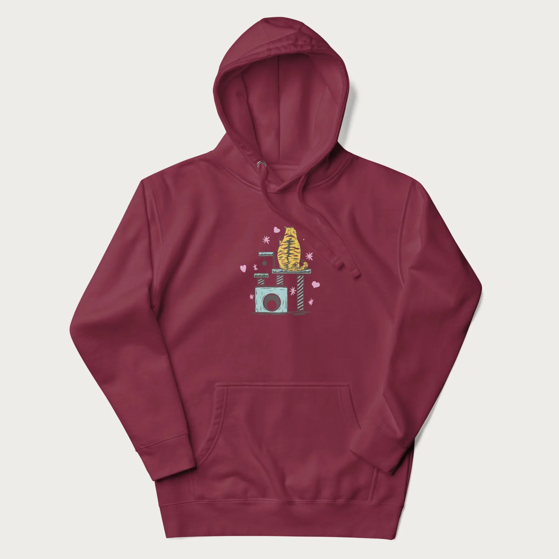 Maroon hoodie with graphic of a tabby cat on a scratching post, raising its middle finger.