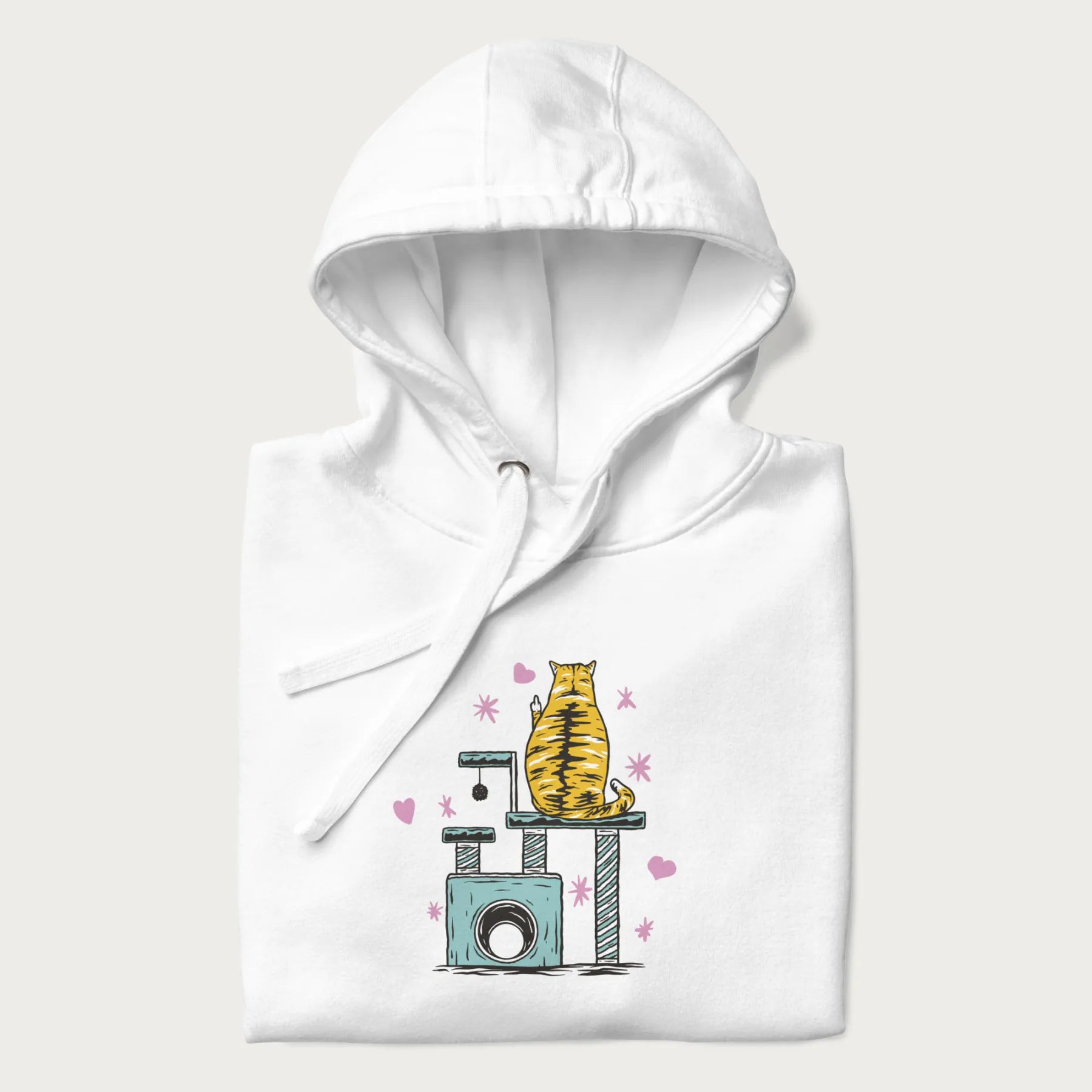 Folded white hoodie with graphic of a tabby cat on a scratching post, raising its middle finger.