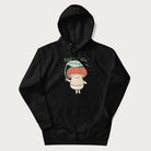 Black hoodie with a graphic of an adorable mushroom character with a red cap and the text 'Boost your morel!'.