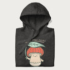 Folded dark grey hoodie with a graphic of an adorable mushroom character with a red cap and the text 'Boost your morel!'.