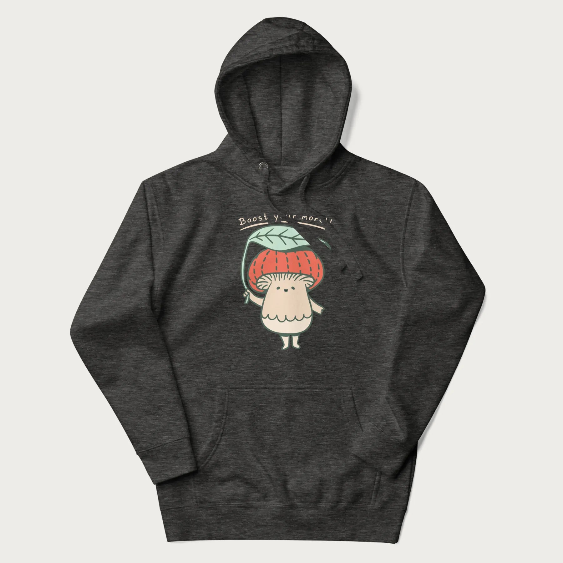 Dark grey hoodie with a graphic of an adorable mushroom character with a red cap and the text 'Boost your morel!'.