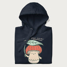 Folded navy blue hoodie with a graphic of an adorable mushroom character with a red cap and the text 'Boost your morel!'.