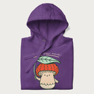 Folded purple hoodie with a graphic of an adorable mushroom character with a red cap and the text 'Boost your morel!'.