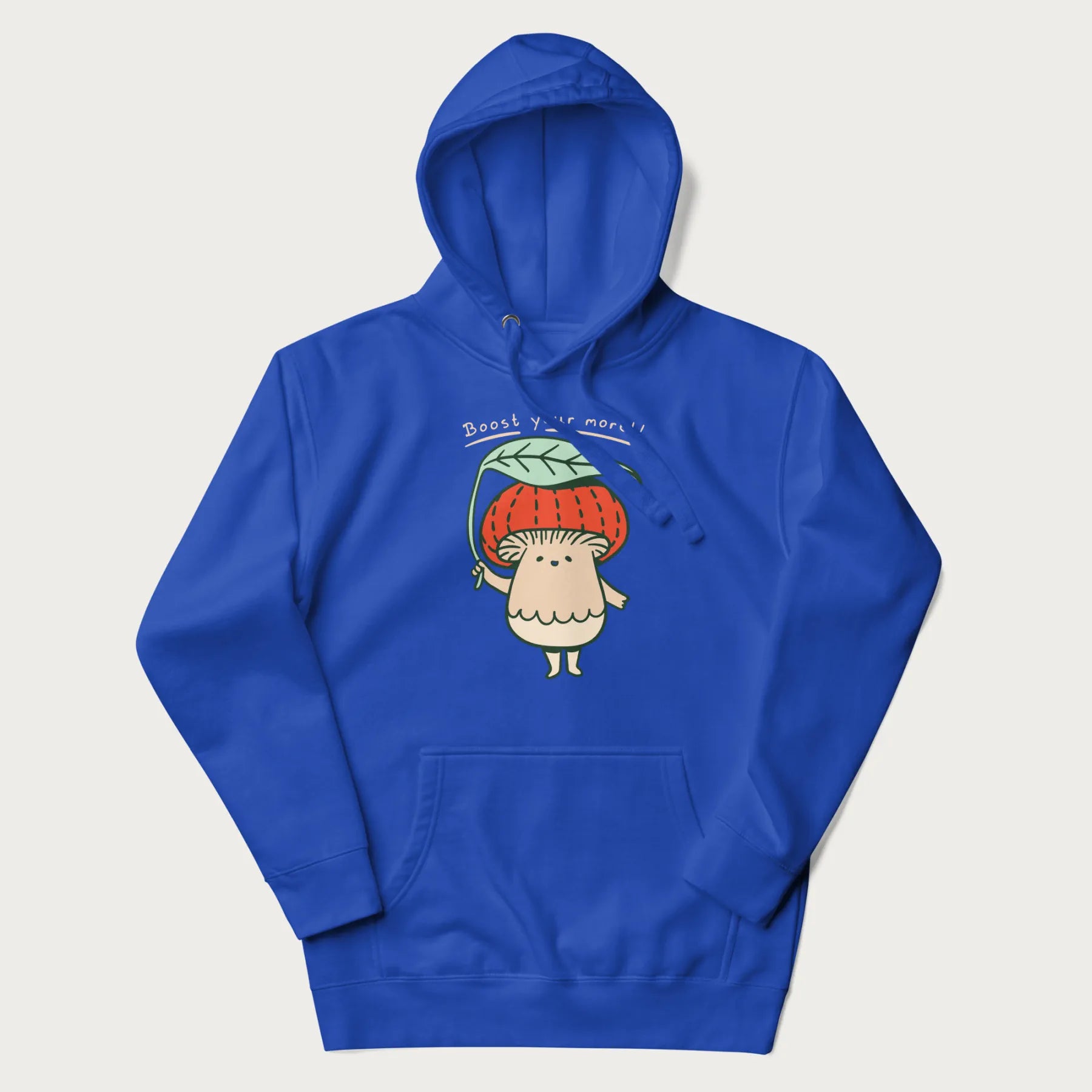 Royal blue hoodie with a graphic of an adorable mushroom character with a red cap and the text 'Boost your morel!'.