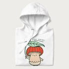 Folded white hoodie with a graphic of an adorable mushroom character with a red cap and the text 'Boost your morel!'.