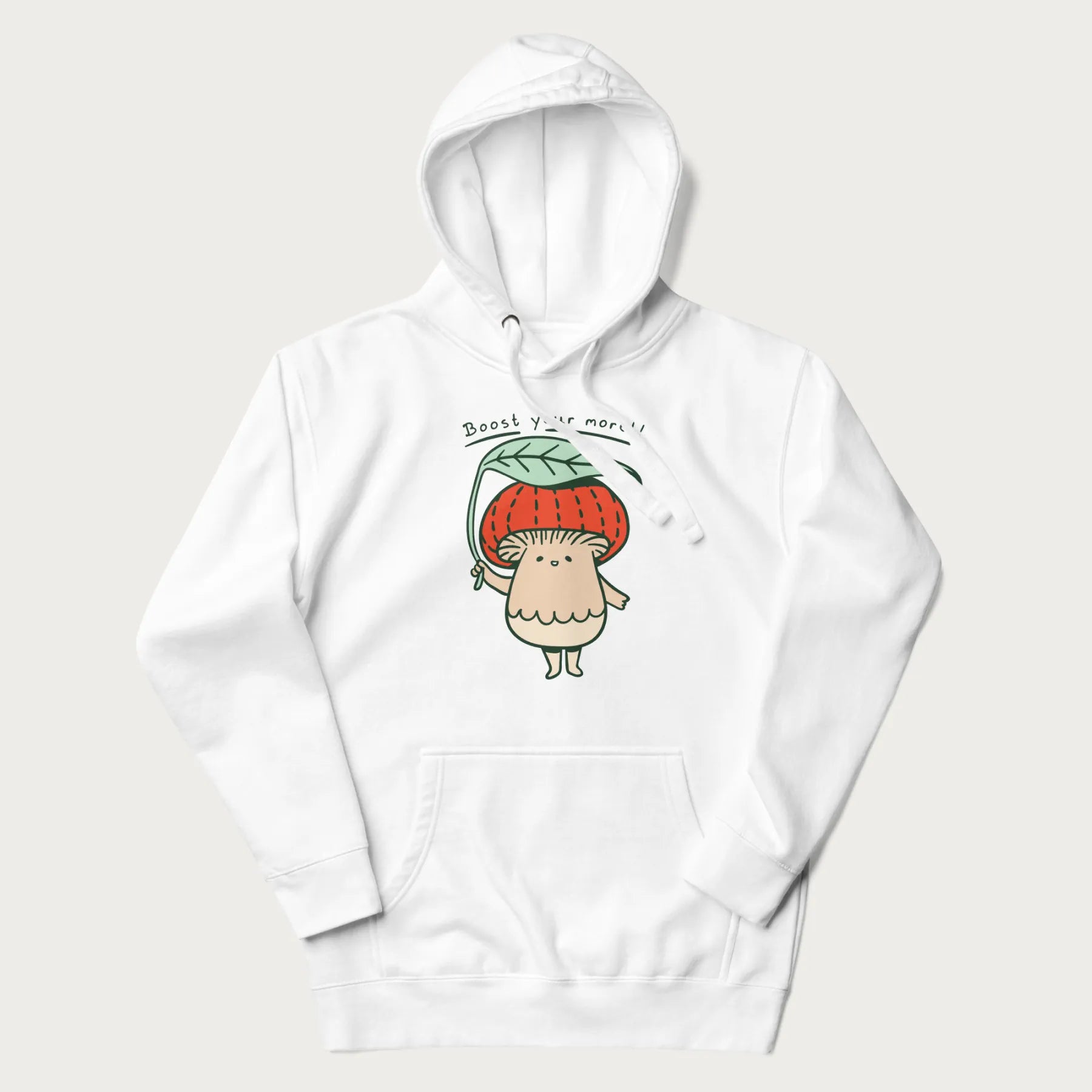 White hoodie with a graphic of an adorable mushroom character with a red cap and the text 'Boost your morel!'.