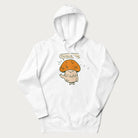 White hoodie with a graphic of a cheerful mushroom character and the text 'Porto-hello!'.