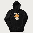 Black hoodie with a graphic of a cheerful mushroom character and the text 'Porto-hello!'.