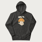 Dark grey hoodie with a graphic of a cheerful mushroom character and the text 'Porto-hello!'.