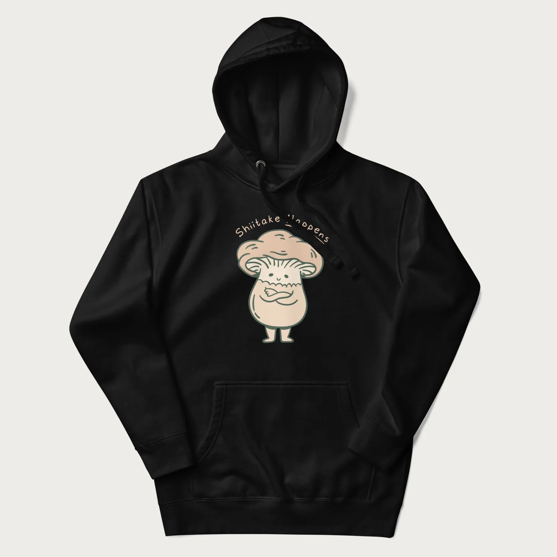Black hoodie with a graphic of an adorable mushroom character and the text 'Shiitake Happens'.