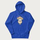 Royal blue hoodie with a graphic of an adorable mushroom character and the text 'Shiitake Happens'.