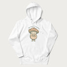 White hoodie with a graphic of an adorable mushroom character and the text 'Shiitake Happens'.