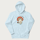 Light blue hoodie with a graphic of a cute mushroom character holding a flower and the text 'You're a real fun-gal!'.