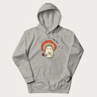 Light grey hoodie with a graphic of a cute mushroom character holding a flower and the text 'You're a real fun-gal!'.