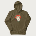 Military green hoodie with a graphic of a cute mushroom character holding a flower and the text 'You're a real fun-gal!'.