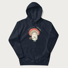 Navy blue hoodie with a graphic of a cute mushroom character holding a flower and the text 'You're a real fun-gal!'.