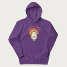 Purple hoodie with a graphic of a cute mushroom character holding a flower and the text 'You're a real fun-gal!'.